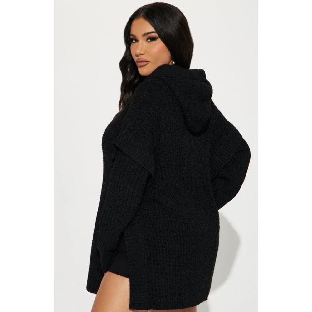Fashion Nova Comfy and Chill Hooded Sweater Black Knit Oversized Womens Size 3XL